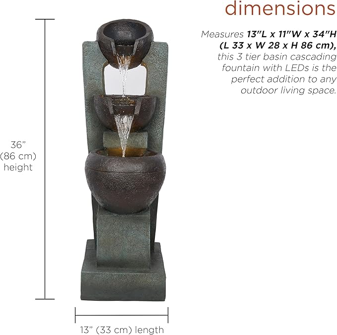Alpine Corporation TZL400 34" 3 Tier Basin Cascading Fountain with LED Lights, Elegant Outdoor Water Feature for Garden, Patio, Yard & Outdoor Spaces, Relaxing Waterfall Fountain, Gray