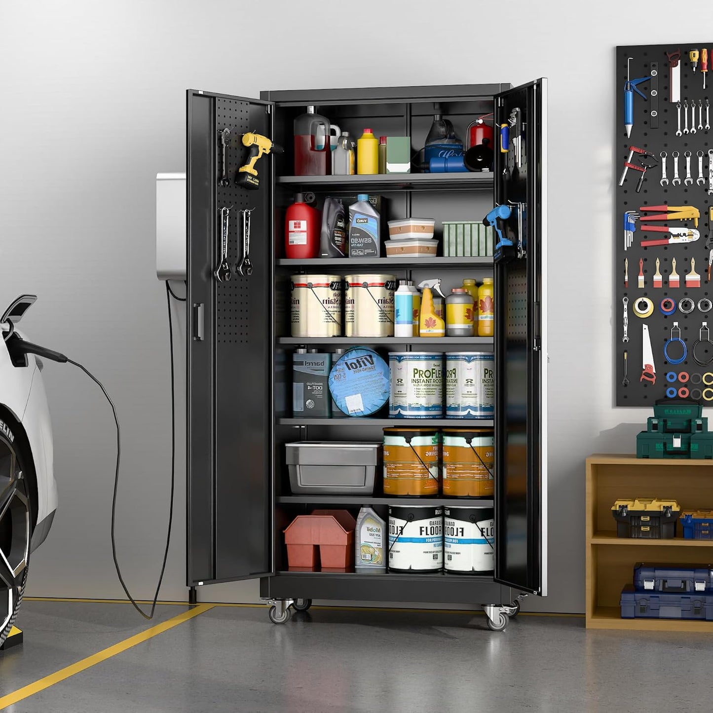 Aobabo 71" H×34" W×18" D Metal Storage Cabinet with Wheels, Locking Steel Storage Cabinet with 4 Hooks, 5 Shelves for Garage, Home Office, School, Assembly Required, Black