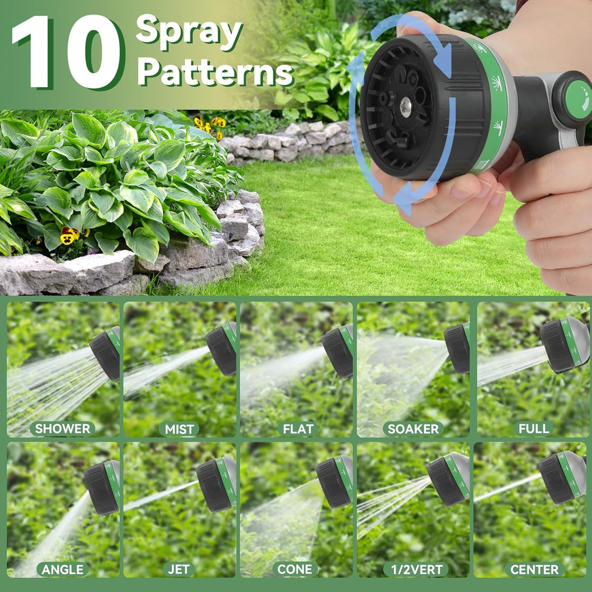 Garden Hose Nozzle Heavy Duty,Metal Water Hose Nozzle with 10 Adjustable Spray Patterns, High Pressure Hose Sprayer Nozzle Thumb Control On Off Valve for Lawn & Plant Watering, Car & Pet Washing