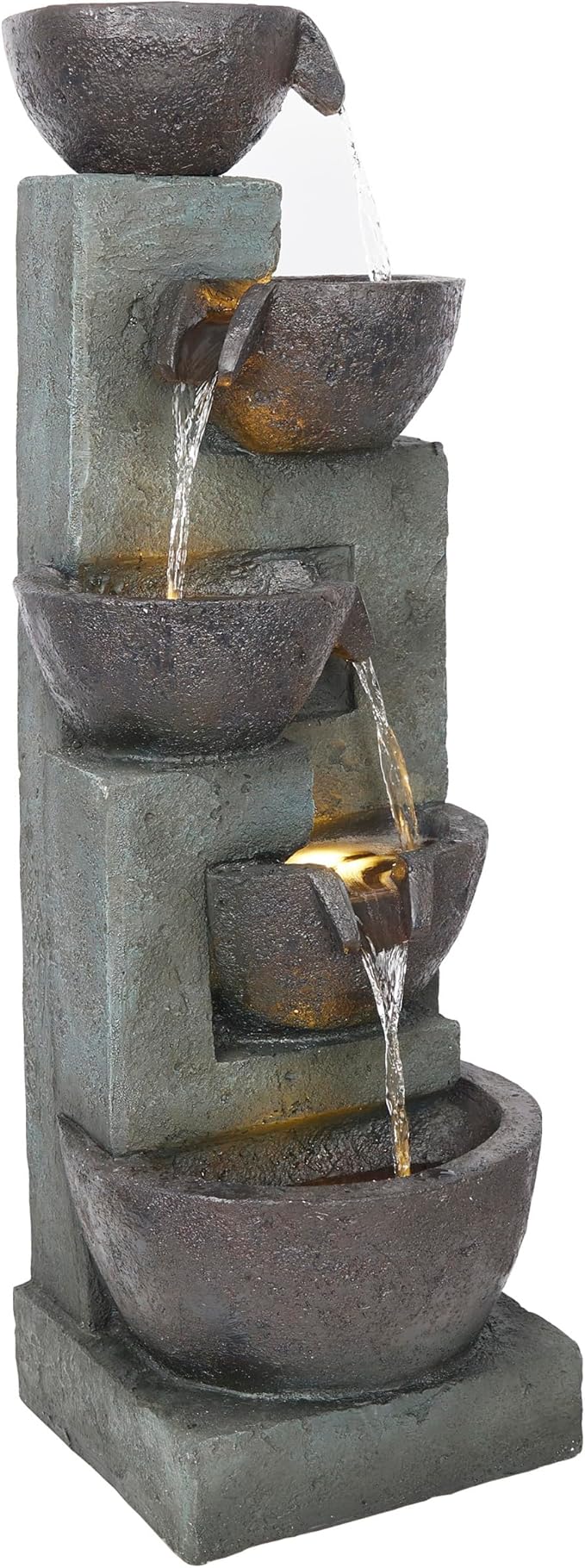 Alpine Corporation TZL390 Elegant Outdoor 5 Tier Bowls Waterfall Fountain with LED Lights for Garden, Patio, Yard, and Outdoor Spaces, Relaxing Cascading Fountain, 39" H, Gray