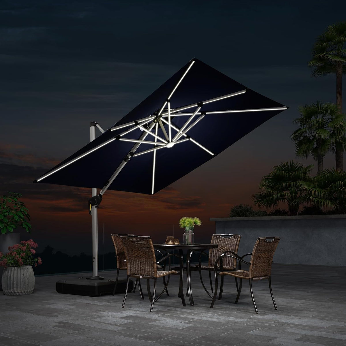 PURPLE LEAF 9 Feet Double Top Deluxe Solar Powered LED Square Patio Umbrella Offset Hanging Umbrella Outdoor Market Umbrella Garden Umbrella, Navy Blue