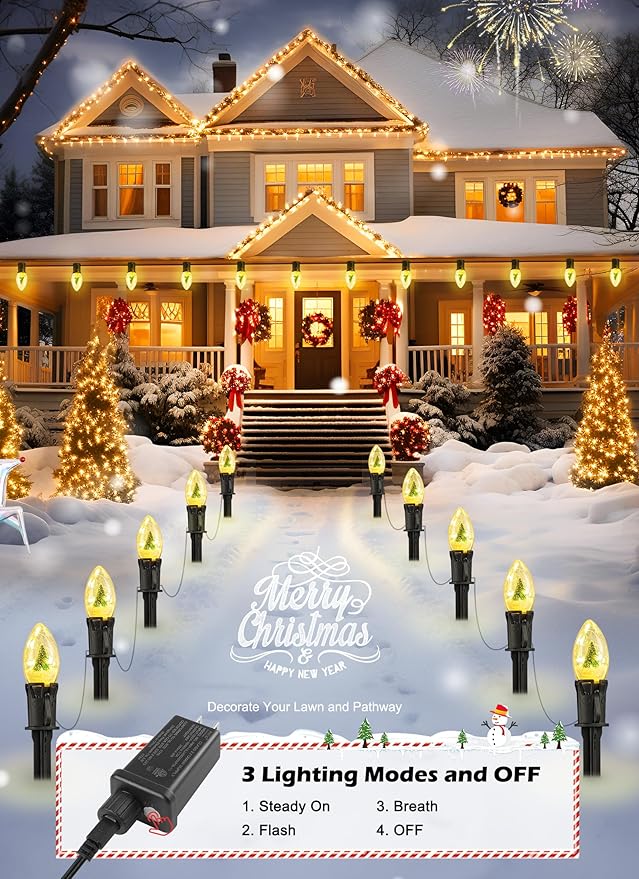 C9 Christmas Pathway Lights Outdoor, 45Ft 40 LED Christmas String Lights with Stakes, 4 Light Modes, Waterproof Connectable Christmas Decorations for Outside Lawn Yard Sidewalk Driveway, Warm White