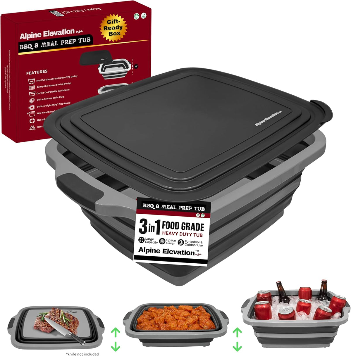 Collapsible X-Large (16L) BBQ Marinating Tub w/Cutting Board | Multipurpose Food-Grade TPE Prep Tub w/Lid | Built-In Colander & Drain Plug - For Camping | Tailgate | Picnic - Slate Black