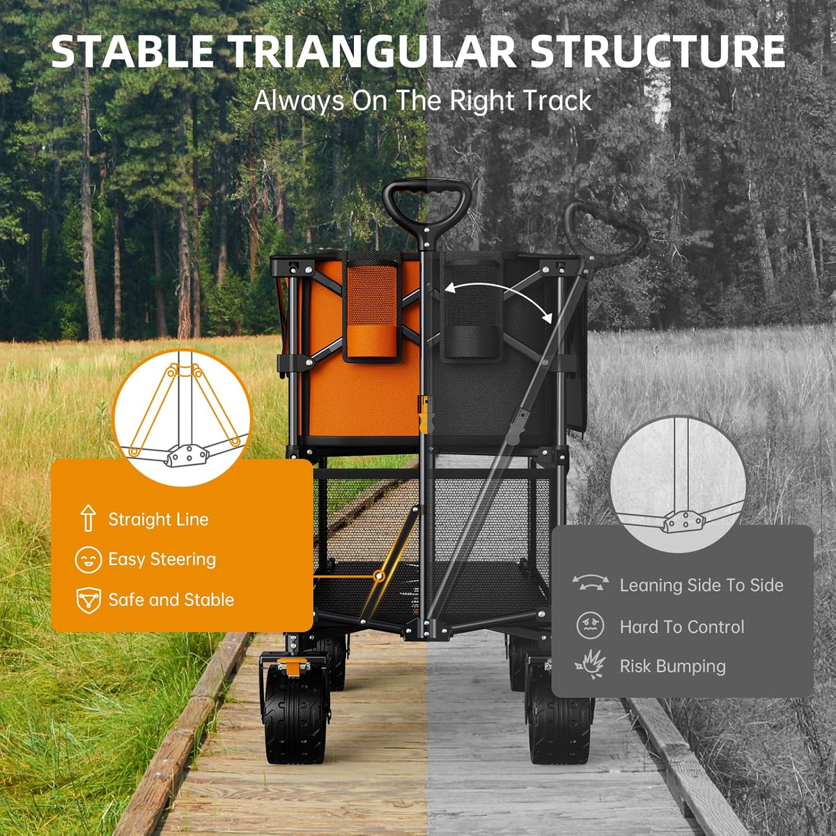 Foldable 50''L Extra Long Double Decker Wagon for Sport, 400L Collapsible Heavy Duty Wagon Cart with Big Wheels, Utility All-Terrain Large Extender Cart for Outdoors, Orange