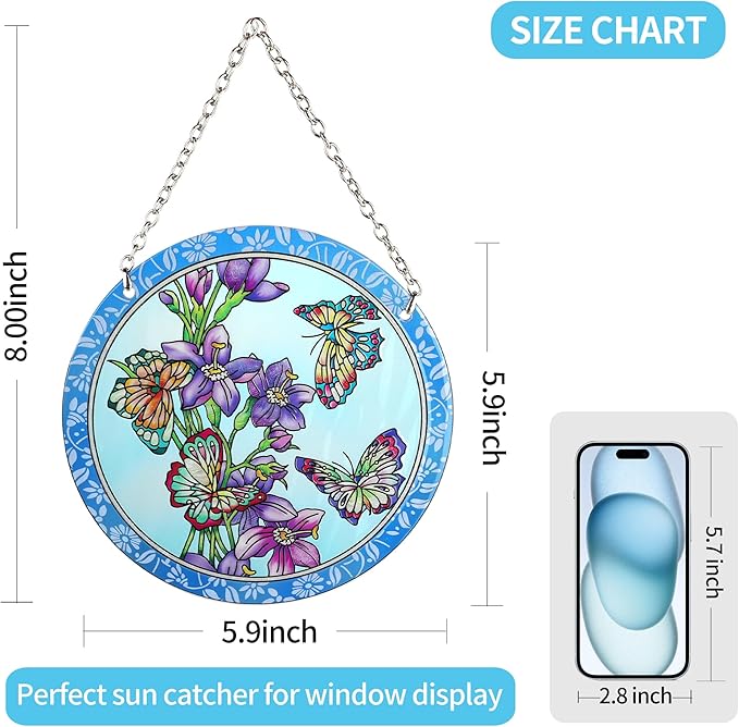 Butterfly Stained Glass Window Hanging - Butterfly Gifts for Women, Birds Suncatchers for Windows - Birds Window Hangings with Chain and Hook, 6 inch Stained Glass Suncatcher for Mom