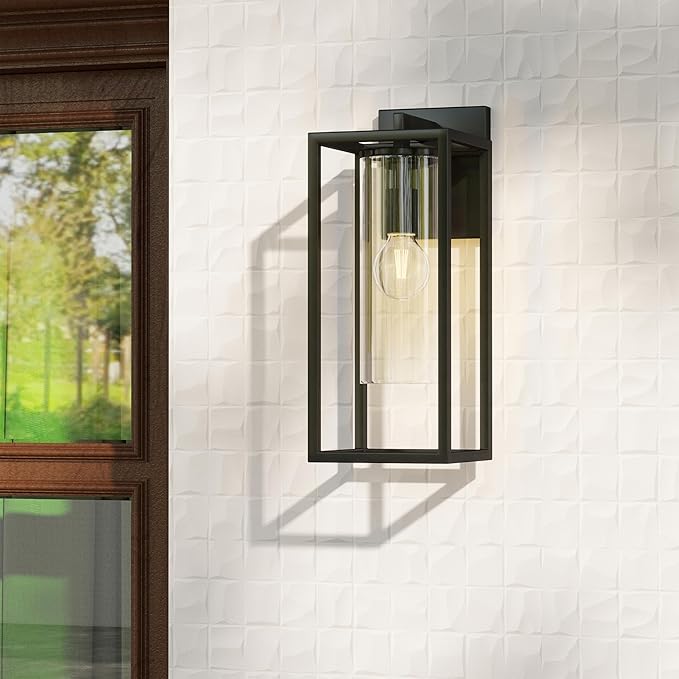 15.7 Inch Outdoor Wall Lights, Outdoor Wall Lantern with Circular Clear Glass Shade, Waterproof Exterior Lighting Fixtures, Modern Front Porch Lighting for House, Garage, E26 Base, ETL Listed, Black
