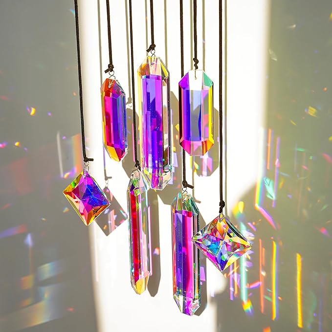 HDCRYSTALGIFTS Set 7 Crystal Sun Catcher Prisms, AB Colored Suncatcher Crystals Window Indoor Hanging Christmas Ornaments Rainbow Maker Prisms for Home Garden Decor