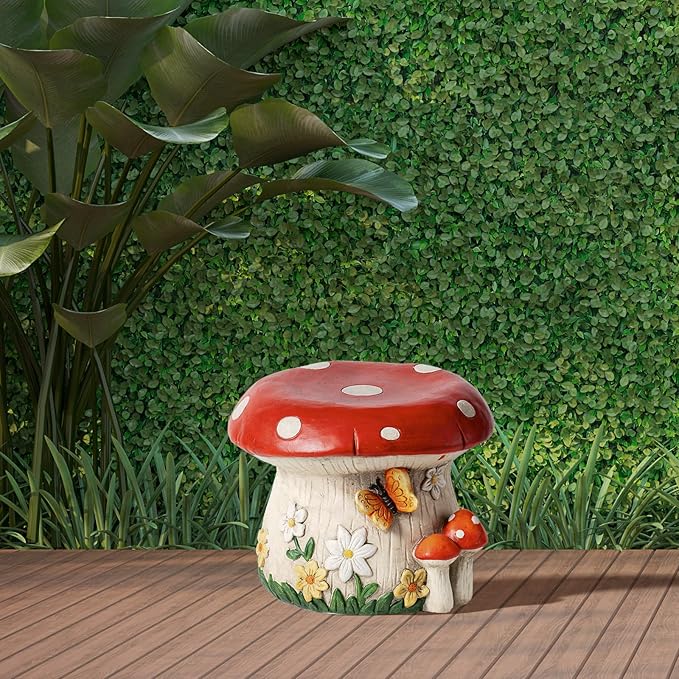 14''W Mushroom House Statue Outdoor Statues Garden Resin Stool Over-Sized Sculpture Forest Pedestal Spring Decor for Home Courtyard Lawn Patio Summer Ornament Indoor Stool