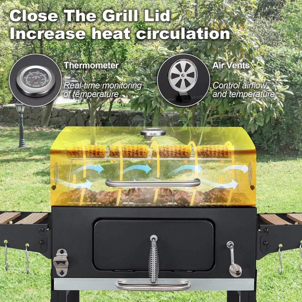 MELLCOM Charcoal Grill with Wood Foldable Side Table - 338 Sq.In BBQ Area with Individual Lifting Charcoal Trays & Thermometer, Movable Charcoal Grill for Outdoor Patio, Garden and Backyard