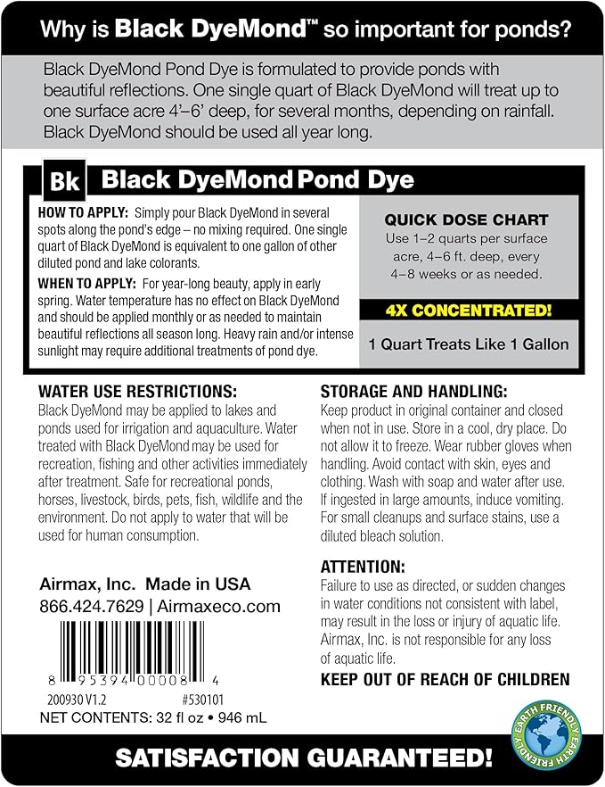 Airmax Black DyeMond Pond Dye 4X Concentrate for Outdoor Ponds & Lakes, Natural Pond Colorant & Beauty Enhancer, Block Ultraviolet Rays, Fish, Bird & Livestock Safe, Easy Liquid Application, 1 Quart