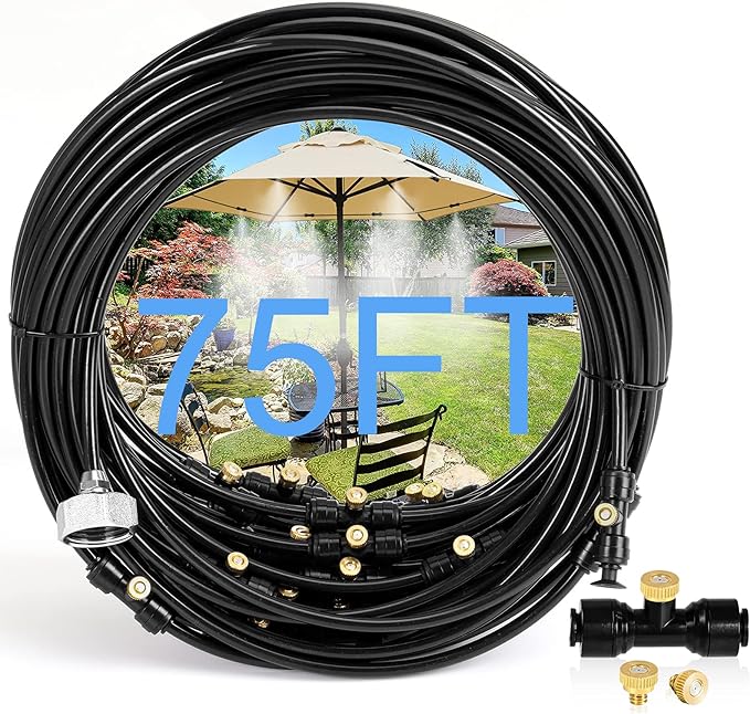 Bonviee Misters for Outside Patio - 75FT Misting Cooling System with 28 Brass Nozzles and 3/4" Adapter, 23M DIY Outdoor Misters Kit for Garden, Greenhouse, and Patio Cooling