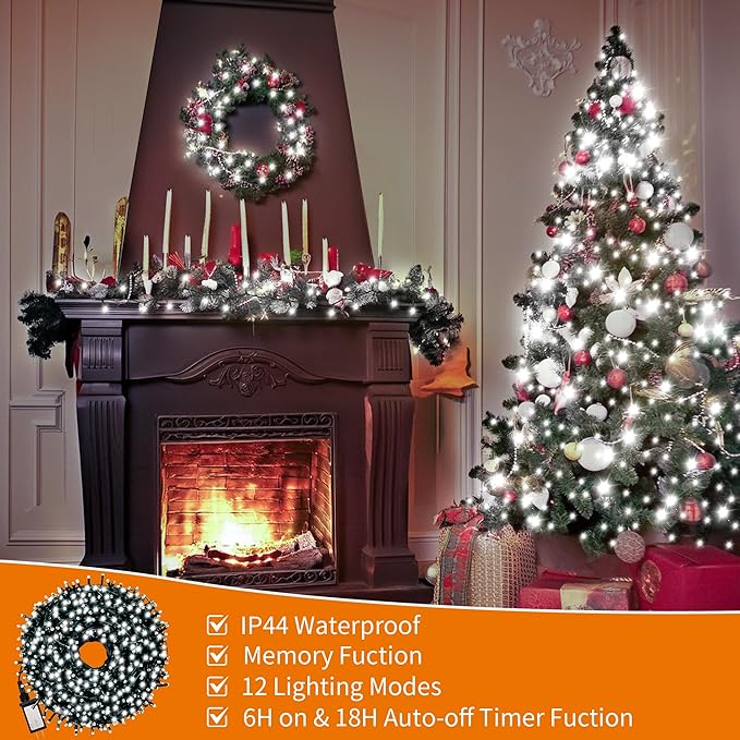 Christmas Light 100 LEDs 41ft Green Cable Wire Fairy String Twinkle Lights Plug in 12 Modes for Xmas Tree, Party, Outdoor, Garden, Wedding, Home Decoration (White)