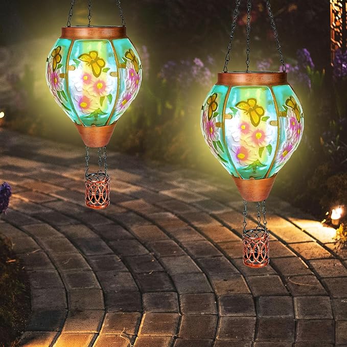 4 Pack Solar Hot Air Balloon Lantern with Flame， Butterfly Glass Outdoor Solar Lanterns for Outside Hanging Farmhouse Patio Pathway Decor, Butterfly Gifts for Women Grandma Mom - Butterfly