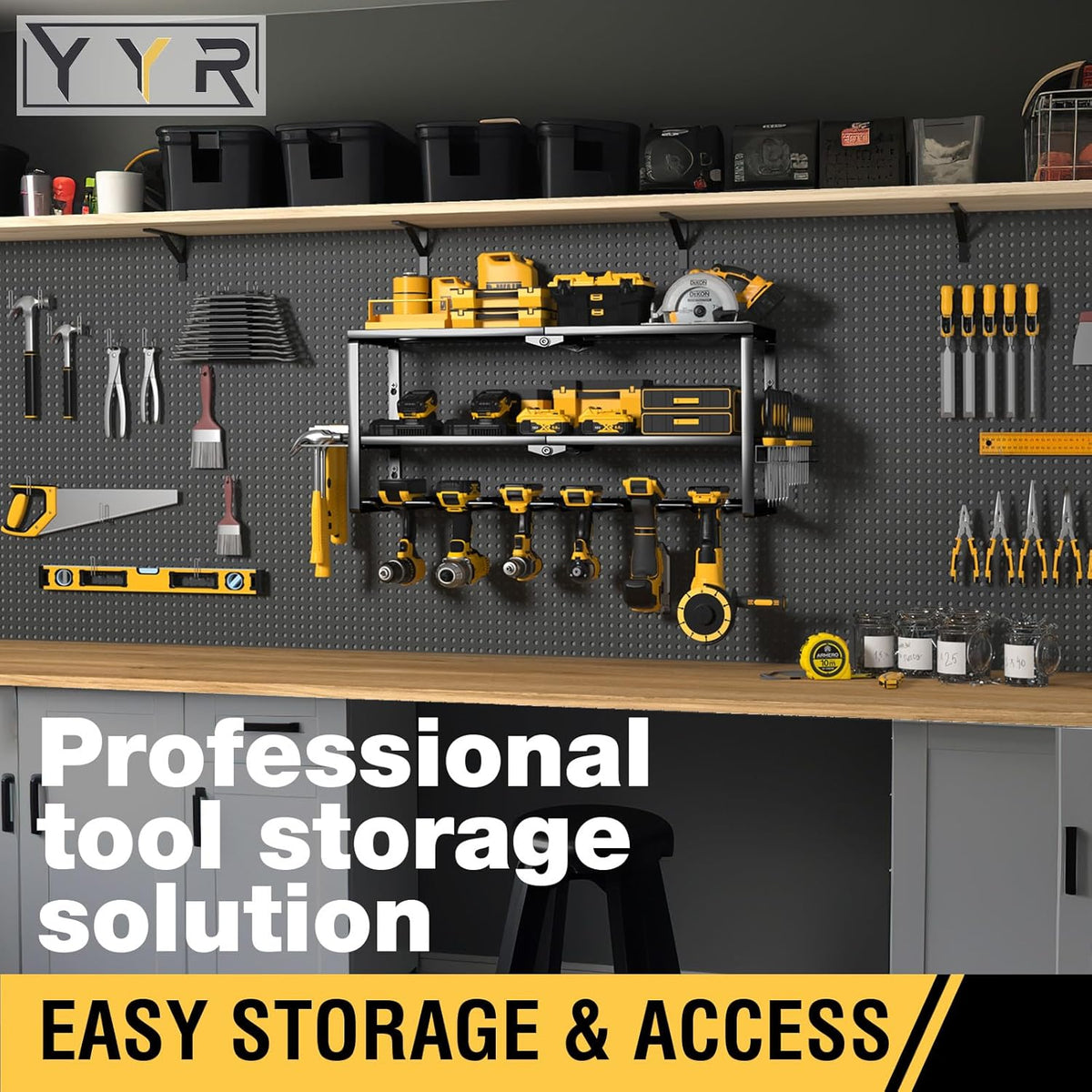 YYR Heavy Duty Power Tool Organizer Wall Mount, Cordless Drill Hanger Storage Rack, Battery Tools Holder with Charging Station Shelf for Garage Organization, Workshop, Pegboard, Shed - 24 Inch 6 Slots