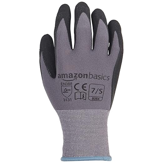 Amazon Basics Micro-Foam Nitrile Coated Work Gloves, Nylon Liner Fiber, Touch Screen, Grey, Size 7/S, 12-Pair