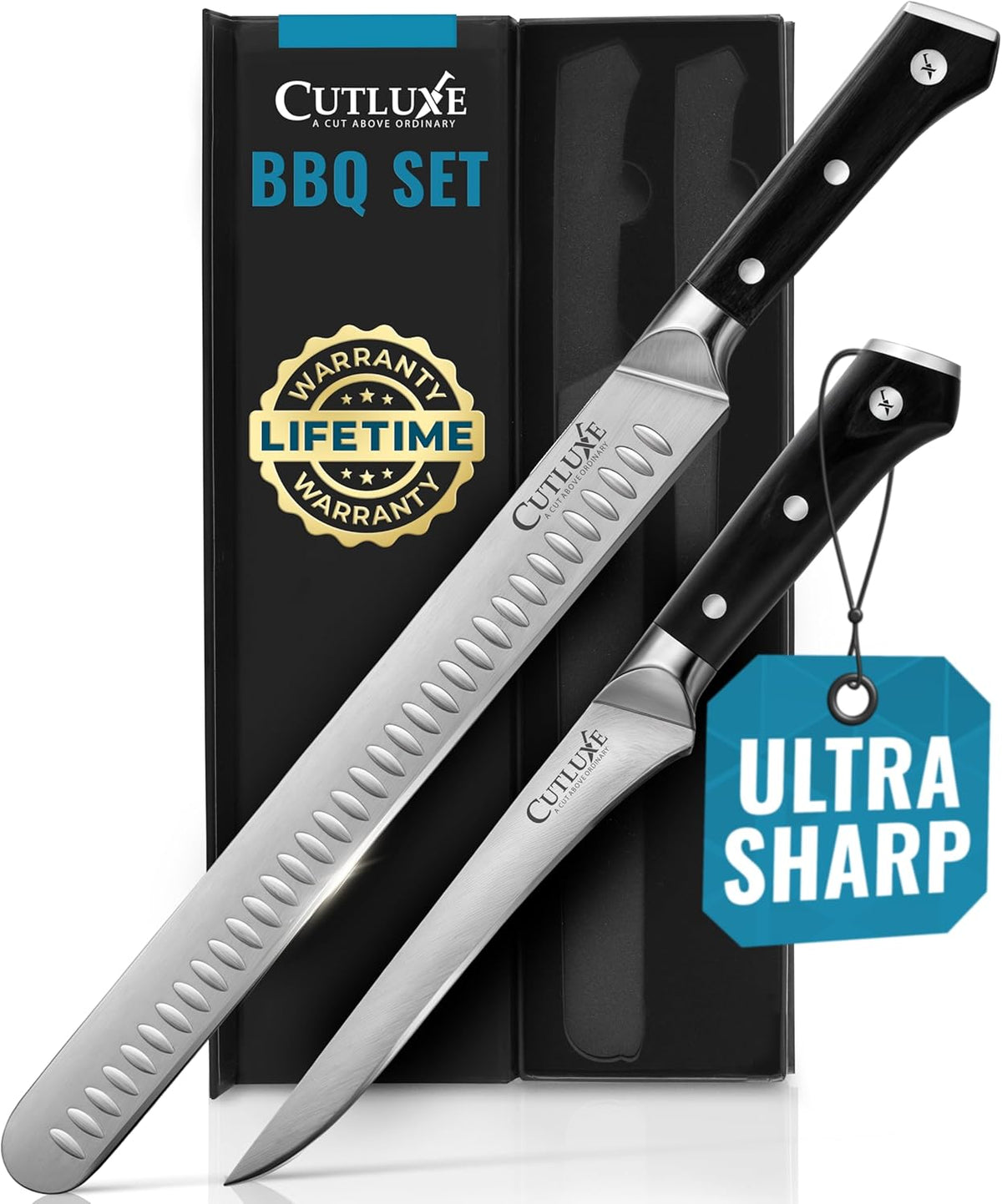 Cutluxe BBQ Carving Knife Set – Brisket Slicing and Boning Knife for Meat Cutting – Professional Knife with Razor Sharp German Steel, Full Tang, Ergonomic Handles – Artisan Series