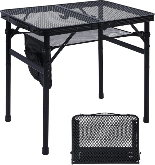 Camping Table, 2x1.3 FT Portable Folding Grill Table, Lightweight Height Adjustable Metal Tables with Mesh Desktop and Mesh Bag, Outdoor Tables for Camping, Picnic, Beach and BBQ, Black
