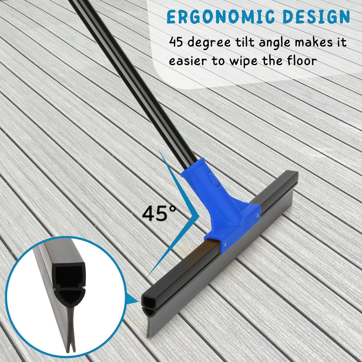 Floor Squeegee with Telescopic Long Handle 59'', Heavy Duty 18" Rubber Wiper Broom for Concrete, Bathroom Tile, Garage, Deck