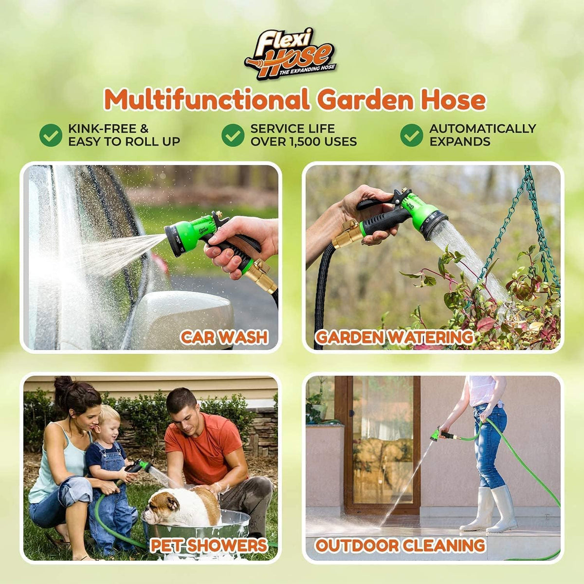 Flexi Hose with 8 Function Nozzle, 75FT - Lightweight Expandable Garden Hose, No-Kink Flexibility, 3/4 Inch Solid Brass Fittings and Double Latex Core