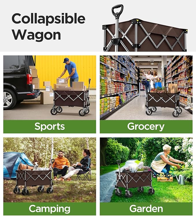 Beach Wagon,CollapsibleWagon 220lbs with Big Wheels Foldable Wagon Carts,Portable Utility for Garden Grocery Sports Camping All Terrain-Khaki