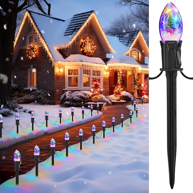 C9 Christmas Pathway Lights Outdoor, 25Ft 20 LED Christmas String Lights with Stakes, 4 Light Modes, Waterproof Connectable Christmas Decorations for Outside Lawn Yard Sidewalk Driveway, Multicolor