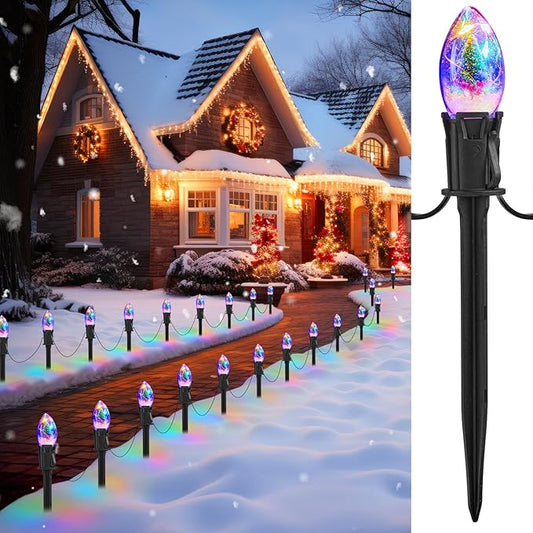 C9 Christmas Pathway Lights Outdoor, 25Ft 20 LED Christmas String Lights with Stakes, 4 Light Modes, Waterproof Connectable Christmas Decorations for Outside Lawn Yard Sidewalk Driveway, Multicolor