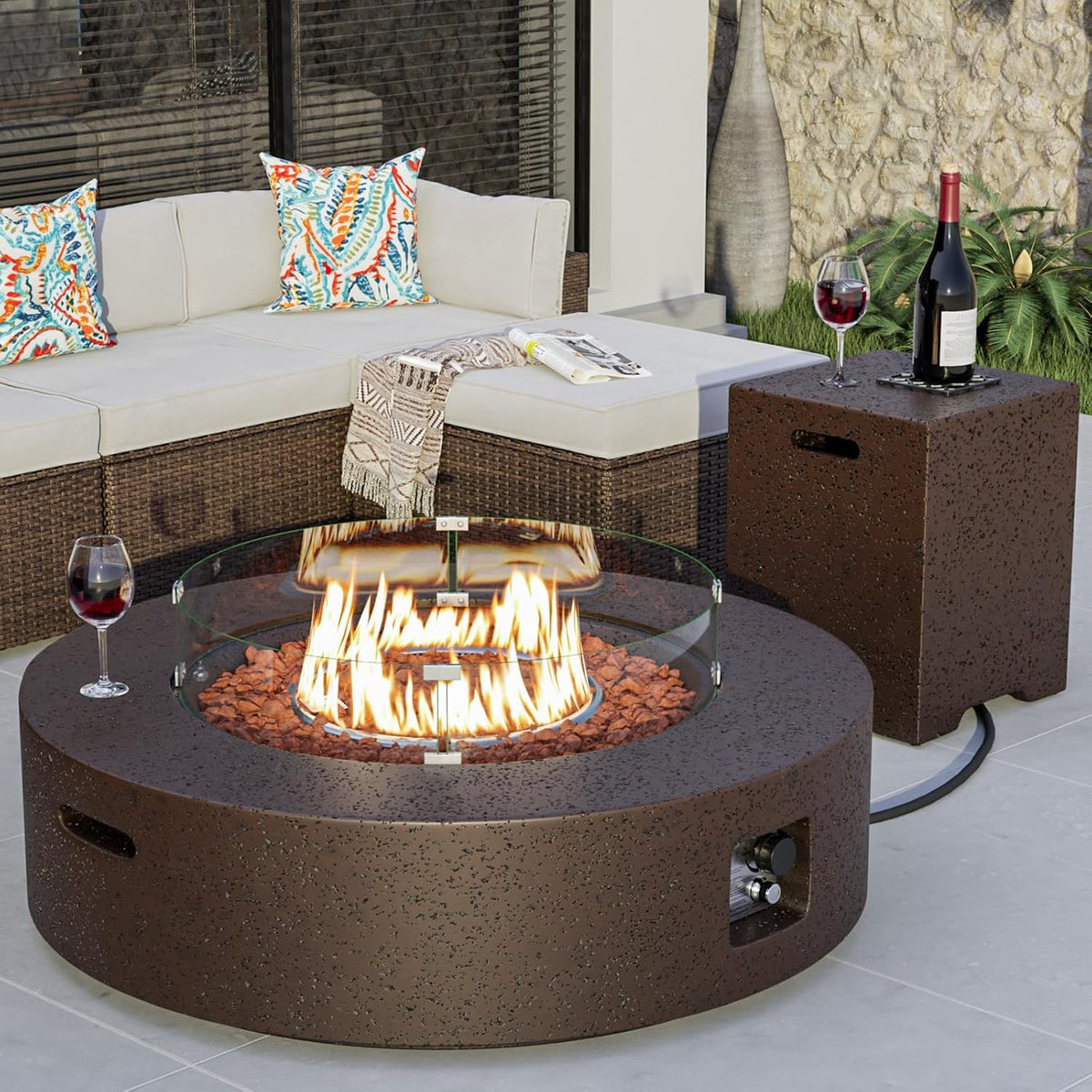 COSIEST 42 inch Outdoor Propane Fire Pit Coffee Table w Concrete Round Base Patio Heater, CSA Certified, 50,000 BTU Stainless Steel Burner, Free Lava Rocks, Rain Cover, Wind Guard, Tank Cover