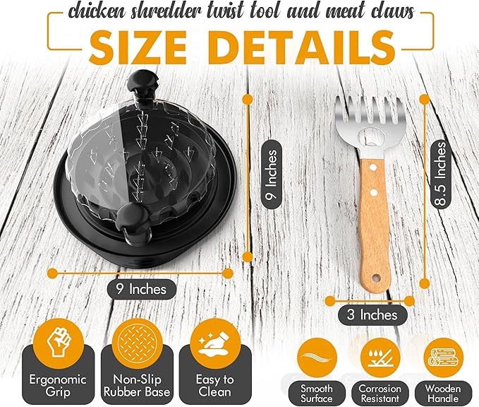 Chicken Shredder Tool Twist Plus Meat Claws and Cleaning Brush - Kitchen Essentials - Meal Prep Tools - Pulled Pork Shredder - Meat Shredder Tool Twist - Kitchen and Barbecue Gifts