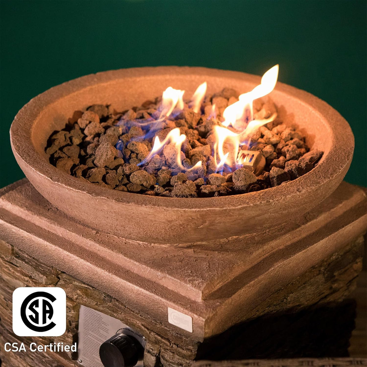 COSIEST Outdoor Propane Fire Pit Table w Faux Brown Compact Ledge Stone 20" Square Base and Faux Rose-Marble Round Bowl, CSA Certified, 40,000 BTU, Free Lava Rocks, Fits 20lb Tank Inside, Raincover