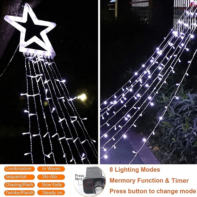 Christmas Decoration Lights, Outdoor Christmas String Lights 320 LED 11.5 Ft Waterfall Tree Lights with Big Star Topper 8 Light Modes for Christmas New Year Holiday Garden Yard Indoor Outdoor Decor