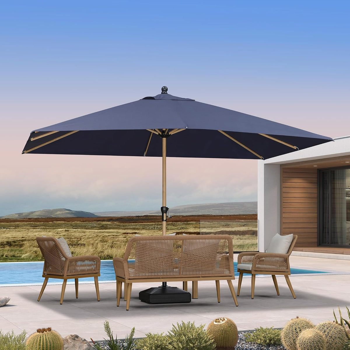 PURPLE LEAF 9' x 11.5' Patio Umbrella with Base Outdoor Umbrella Market Umbrella with Crank & 8 Ribs Aluminum Rectangular Table Umbrella Outdoor Patio for Backyard, Navy Blue