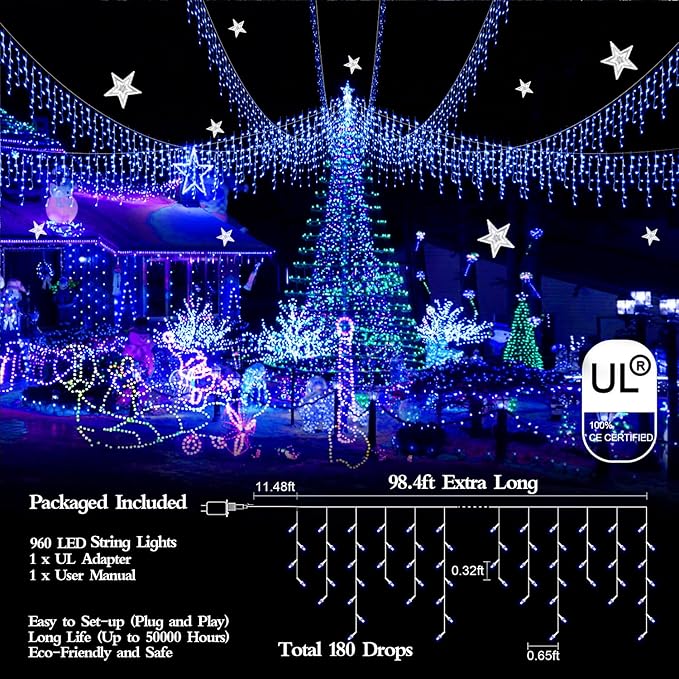 960 LED 98FT Christmas Lights Plug in 8 Modes with Timer Dimmable Christmas Decorations Outdoor Waterproof Indoor Curtain String Lights for Roof Garden Holiday Wedding Party Decor Blue