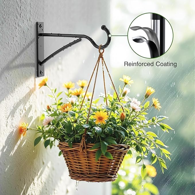6 Inch 2 Pack Outdoor Plant Hanging Hooks for Wall:Metal Bracket for Hanging Baskets, Bird Feeders, Wind Chimes, Flower Baskets, Yoga Mat, Lanterns, Black