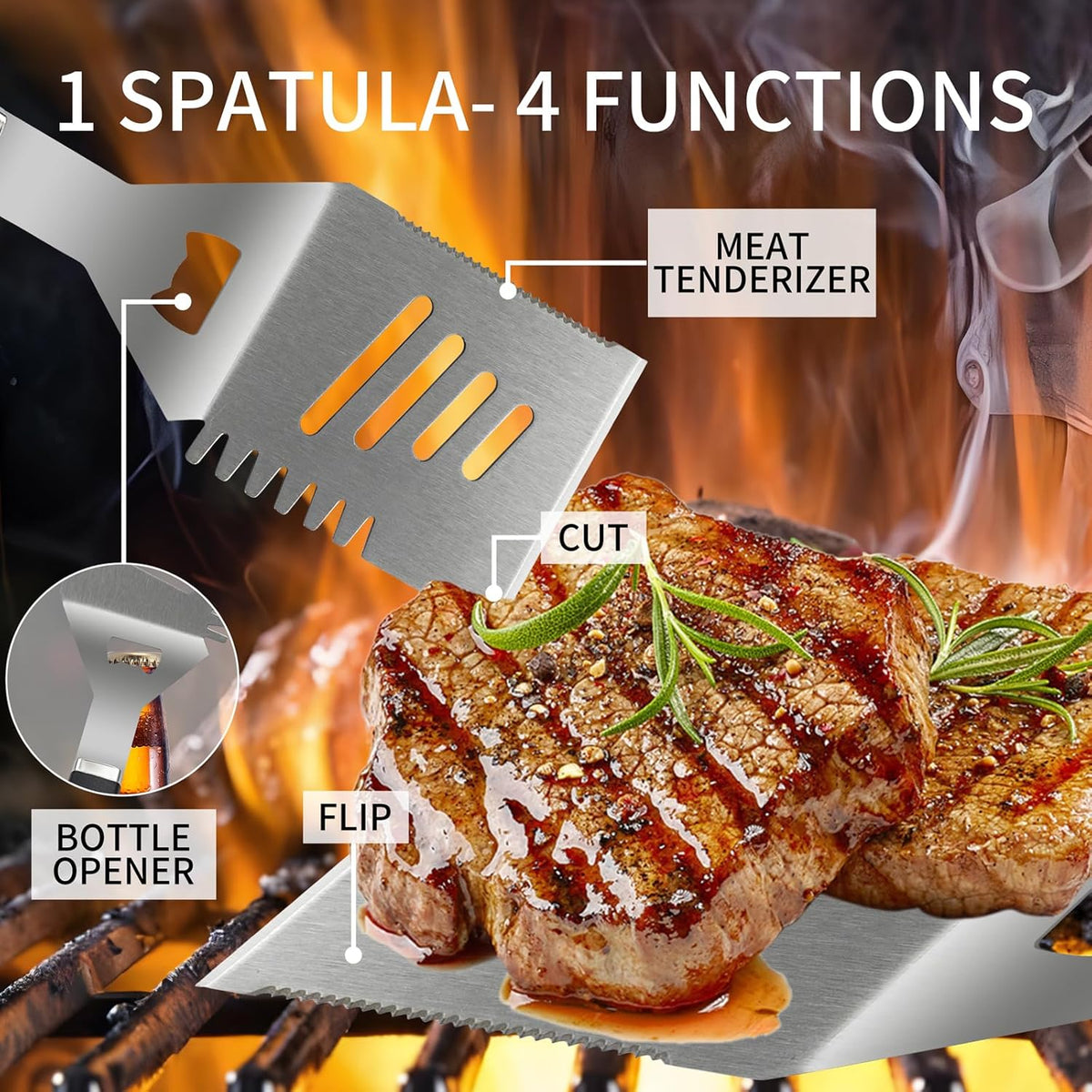 Supernal Pro Grill Master Kit -6pc Heavy Duty Stainless Steel BBQ Tools Set with Anti-Slip Handles|Commercial-Grade Spatula,Grill Brush,Basting Brush,Chef's Knife & More|Gift for Dad's Outdoor Cooking