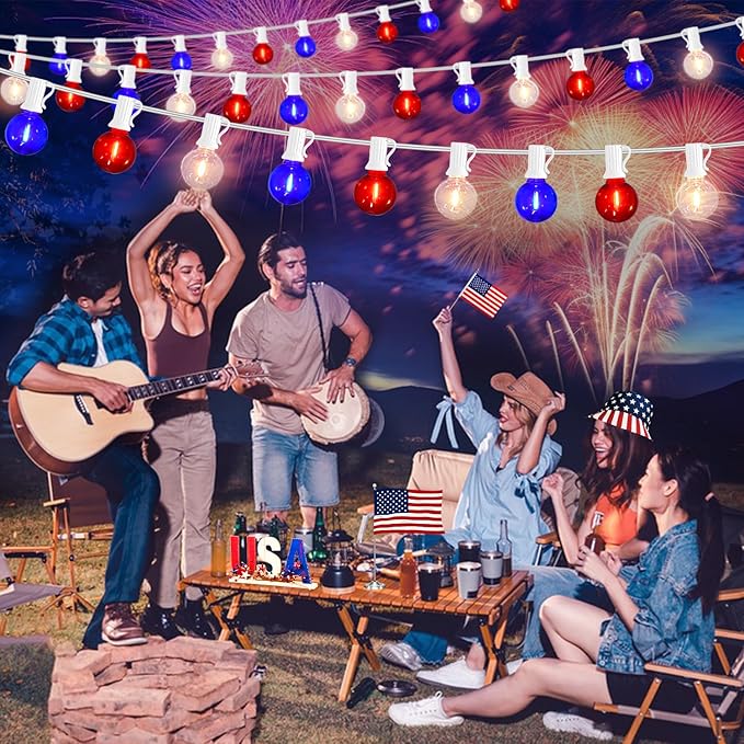 50Ft LED G40 Red White and Blue Lights Outdoor 4th of July Lights with 50+3 Shatterproof Bulbs for Patriotic Decor in Yard Garden Patio - Light up Memorial Day 4th of July Decorations Outdoor, 0.6W
