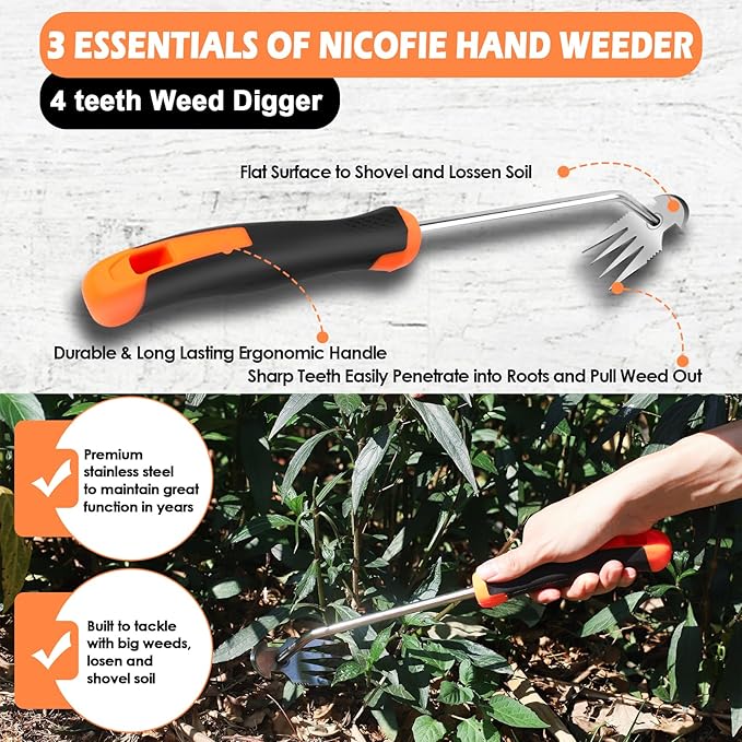 2025 Hand Weeder Tool, Rubber Handle Manual Weeder Puller Tool, Uprooting Weeding Tools, Crack Weeder Crevice, 4 Teeth Weeding Tool, Weeding Artifact Tool for Gardening(3 Pcs)