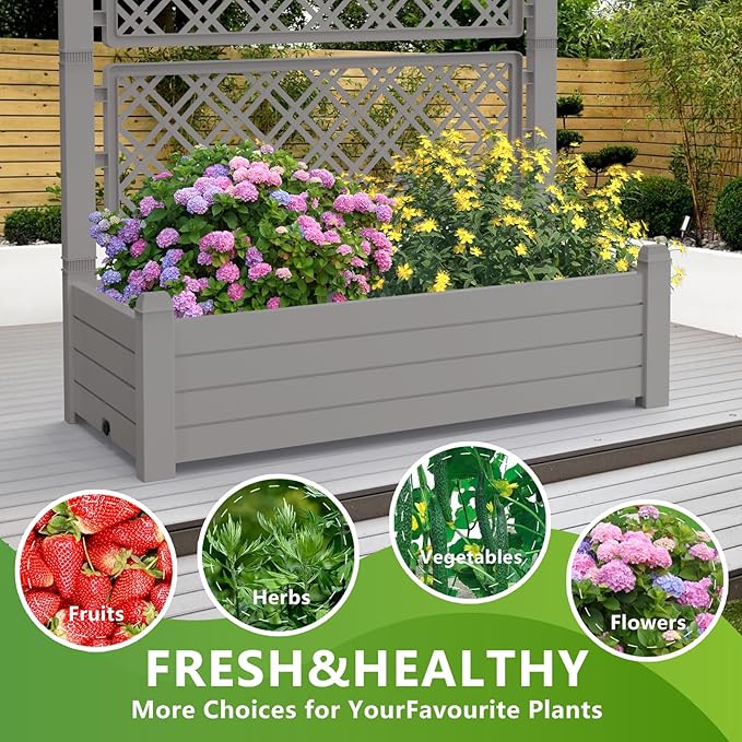 59.3in Planter Box Trellis, Large Outdoor Plastic Raised Garden Bed with Drain Plug for Climbing Plants(Gray,43.43 * 18.27 * 59.29)
