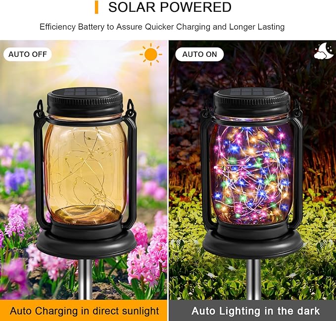 4 Pack Hanging Solar Lantern Lights, 30LED Vintage Glass Mason Jar Solar Fairy Lights Outdoor Decorative Waterproof Table Lamp with Stakes for Patio Yard Lawn Tree