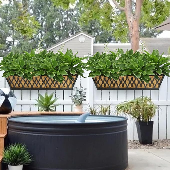 4 Pack 30 Inch Window Boxes Planters Railing Planter Box with Adjustable Brackets for Porch Fence Patio Balcony Hanging Flower Baskets with Coco Liners for Outdoor Garden Decor - Black