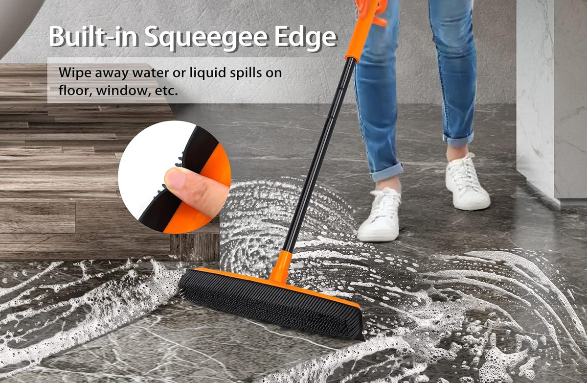JEHONN Rubber Broom Carpet Rake for Pet Hair Remover, Fur Removal with Squeegee, Portable Detailing Brush Brush, 52.8 Inches Telescopic Long Handle for Fluff Carpet