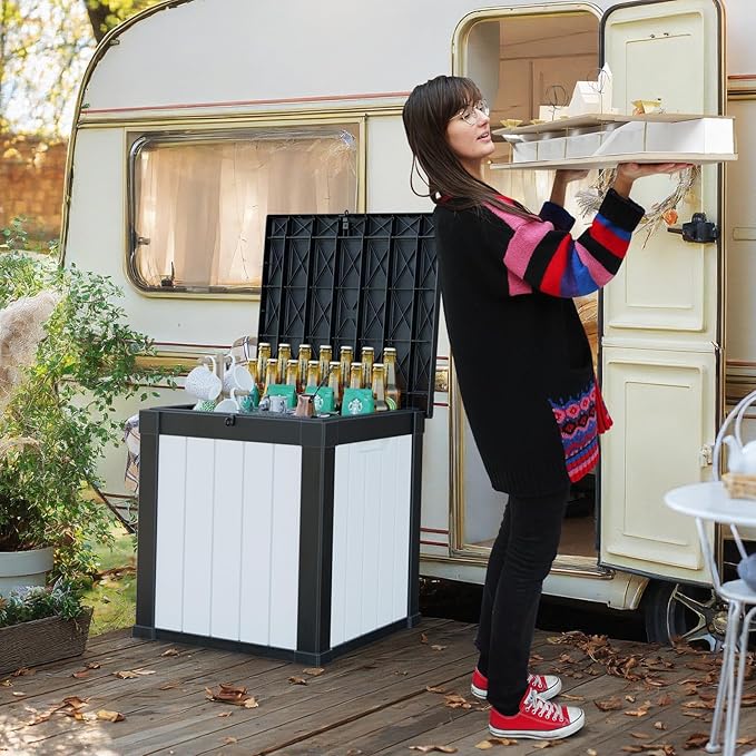 50 Gallon Outdoor Deck Box,Storage Lockable Waterproof Patio Furniture,Garden Tools,Cushions,Pool Accessories Outside Storage Resin Box(SM Black&White)