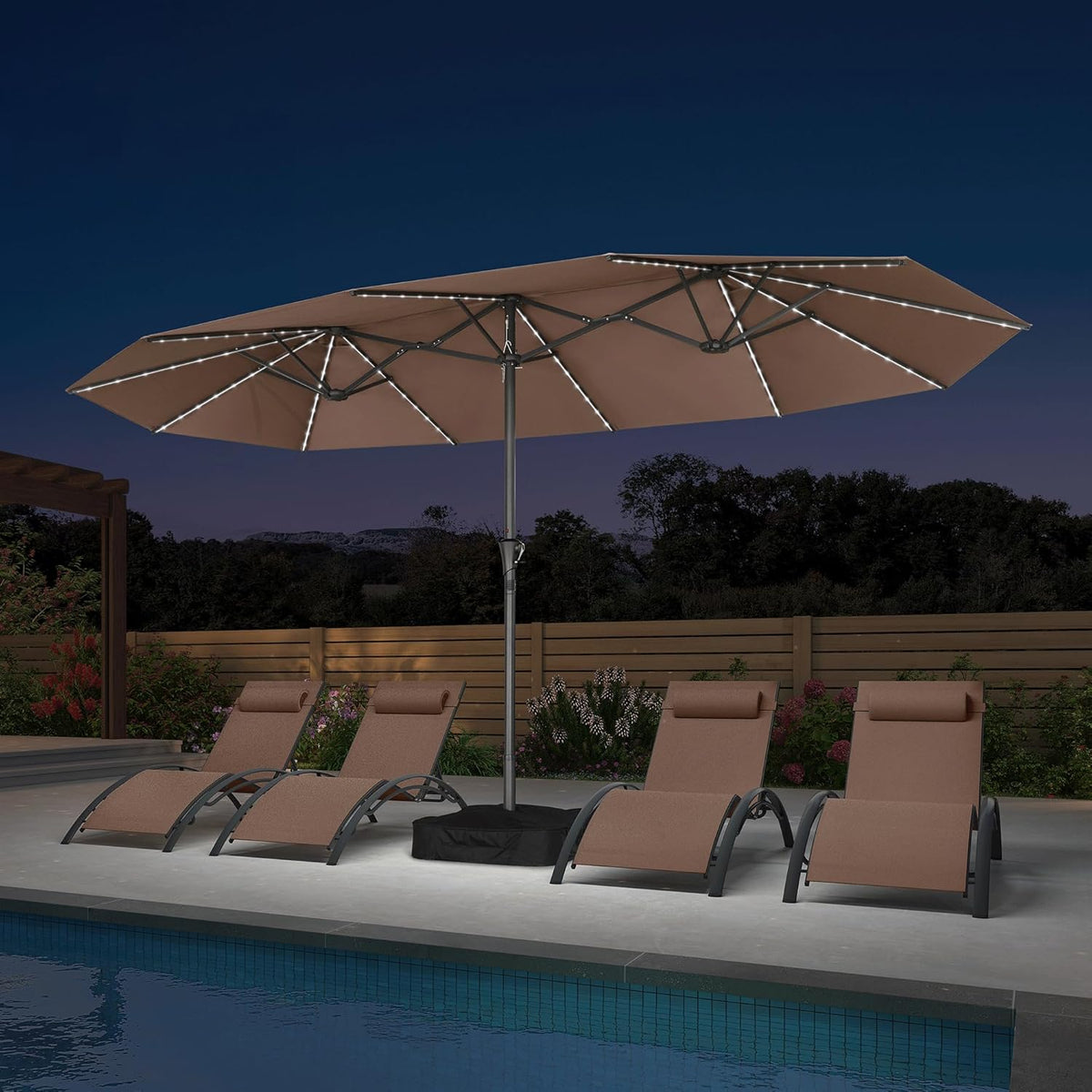 PURPLE LEAF 14ft Patio Umbrella with Solar Lights Outdoor Double-Side Market Umbrella with Base Included Rectangle Table Umbrella for Pool Garden Backyard, Taupe