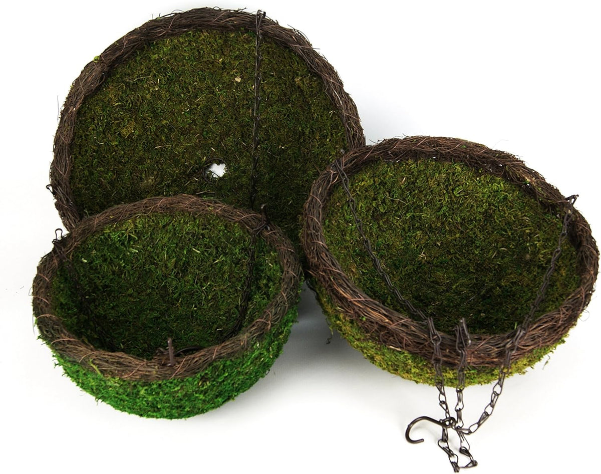 SuperMoss (29319 MossWeave Hanging Basket | Outdoor Hanging Planter with Moss | Decorative Plant Hanger for Porch, Balcony, Garden & Home Décor, Round with Wicker Rim, Set of 3 (S/M/L), Green