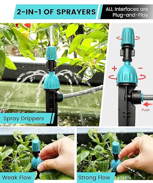 Automatic Drip Irrigation Kits with Y-Type Distribution Tubing, 14 Drip and Spray Integrated Nozzles, 33ft PE Main Tube, and 33ft PVC Branch Tubing for Garden, Patio, and Greenhouse