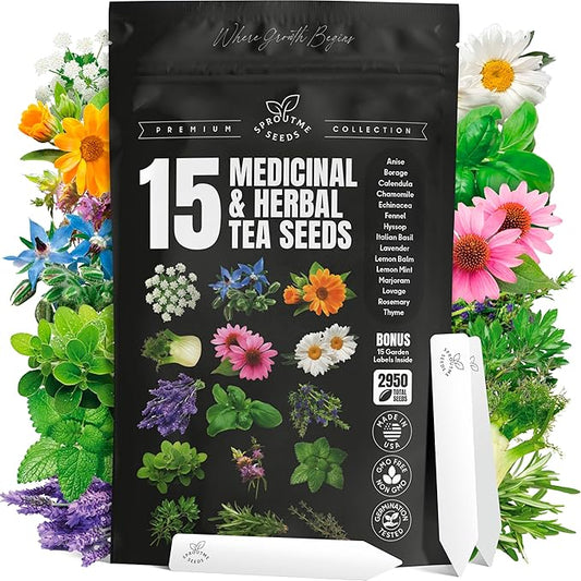 15 Medicinal & Herbal Tea Seeds Variety Pack Home Garden Kit Plant Markers 2950+ Non-GMO Heirloom Indoor Hydroponic Outdoors Planting Herb Anise Basil Calendula Fennel Mint Rosemary Lavender Chamomile