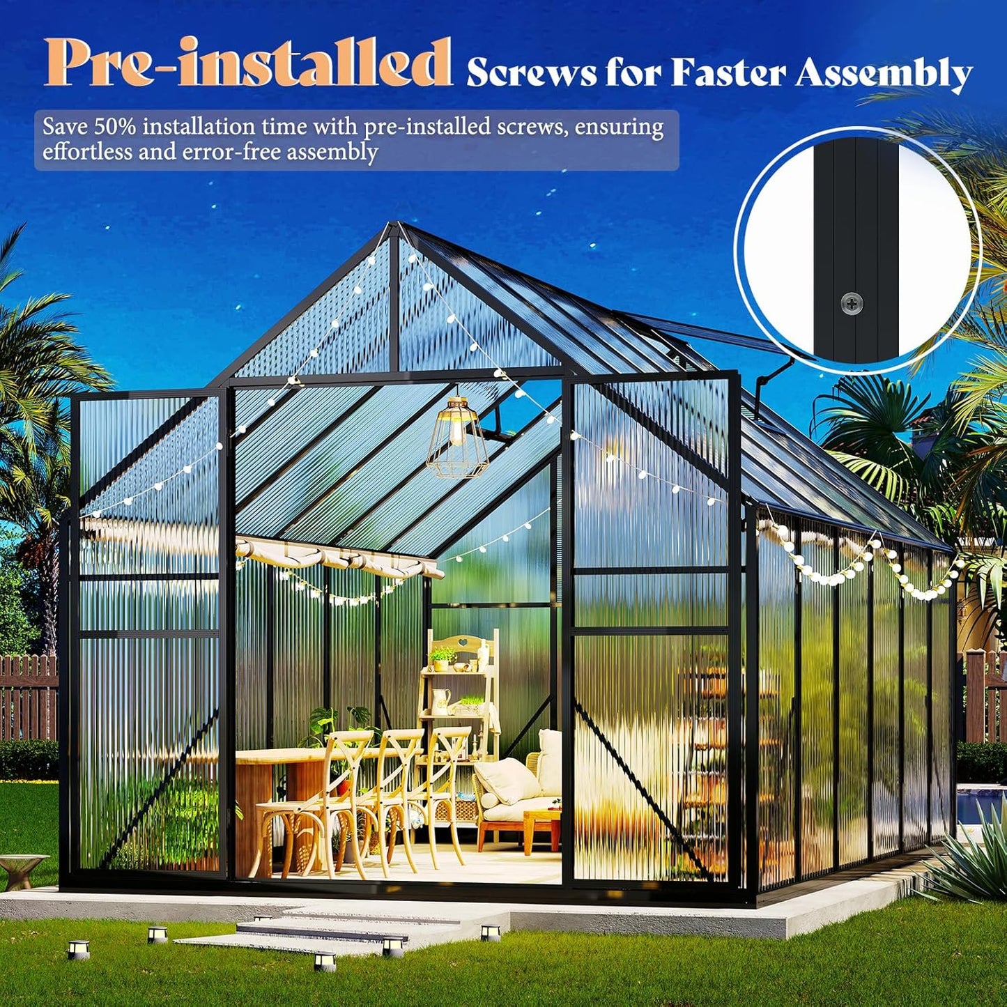 Amerlife 8x10x7 FT Polycarbonate Greenhouse for Outdoors, Walk-in Design with Aluminum Frame, 2 Windows and Swing Door, Heavy-Duty Greenhouse Construction for Garden, Black