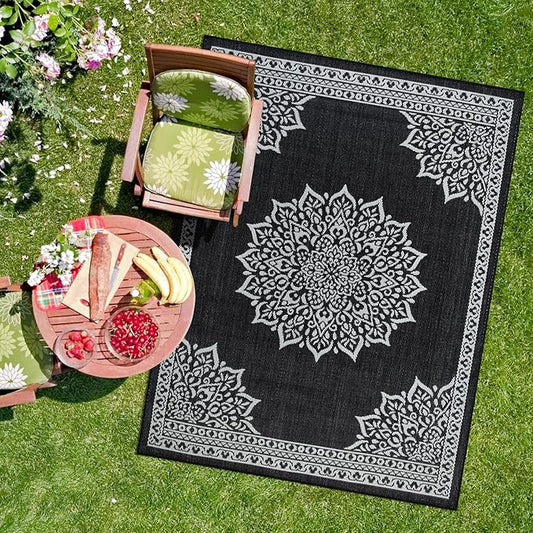 CAMILSON Outdoor Rug, 8x10 Medallion Black White Modern Area Rugs for Indoor and Outdoor Patios, Kitchen and Hallway Mats, Washable Porch Deck Outside Carpet (Medallion Black, 8 x 10)