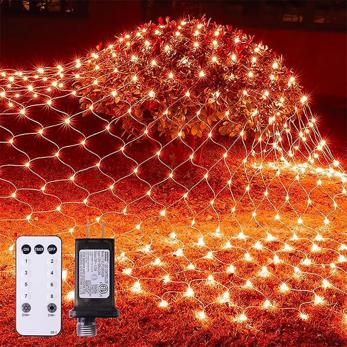 Christmas Net Lights Outdoor - 360 LED Orange Net Lights Waterproof with Remote, 12x5 ft Extendable 8 Modes for Bushes, Gazebo, Lawn, Garden, Shrubs, Tree, Backyard Decorations