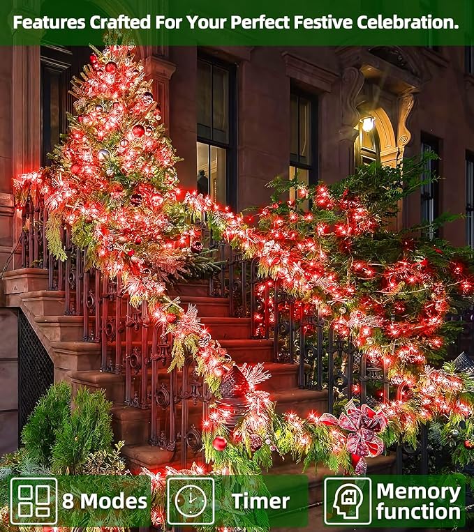 1500 LED Chrstmas String Lights, 492FT Super Long Christmas Lights with 8 Modes, Christmas Tree Lights with Timer Memory for Indoor Outdoor Tree Fence Garden Xmas Wedding Party Decor Red