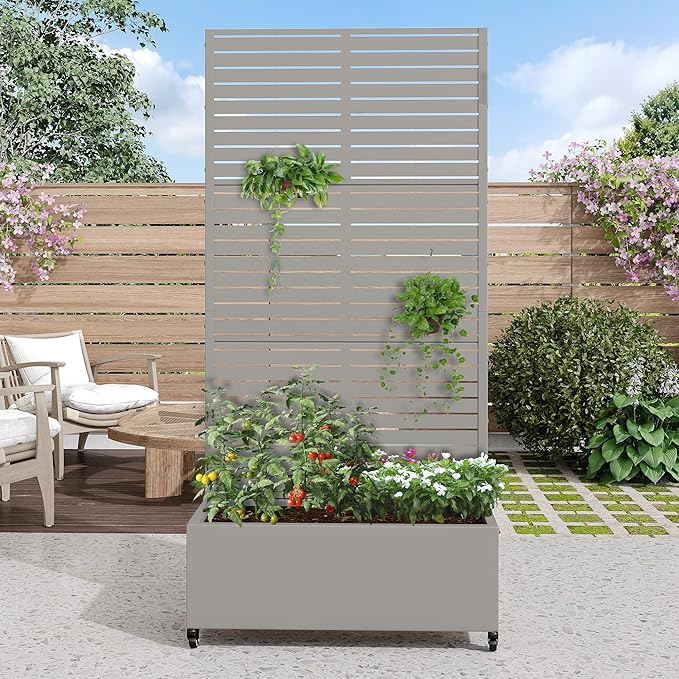 Casaphoria Metal Raised Garden Bed with Trellis and Wheels, 72"x35"x16" Planter Box for Climbing Plants, Vegetables & Vines, Features Drainage Holes and Privacy Screen (Grey-Louvered)
